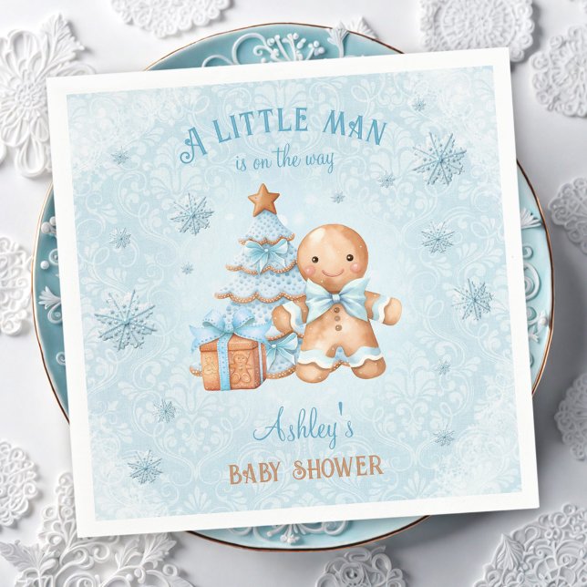 Servilleta De Papel Navidades azules del hombre de pan de jengibre Bab (Gingerbread Man Boy Blue Christmas Baby Shower Napkins)