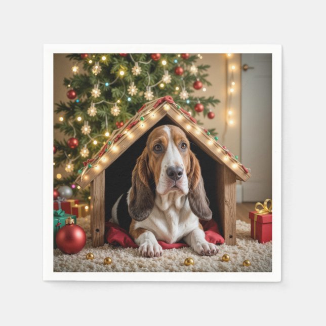 Servilleta De Papel Navidades Basset Hound en una casa de perros (Anverso)