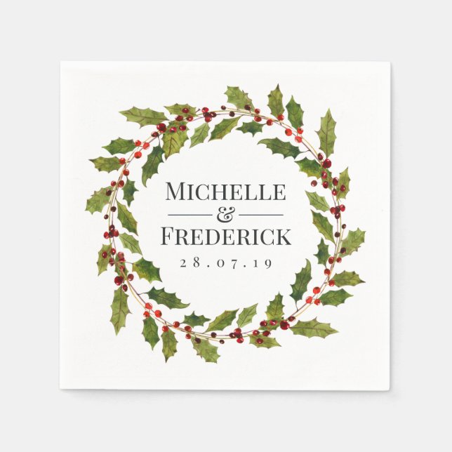 Servilleta De Papel Navidades Boda Floral Holly Watercolor (Anverso)