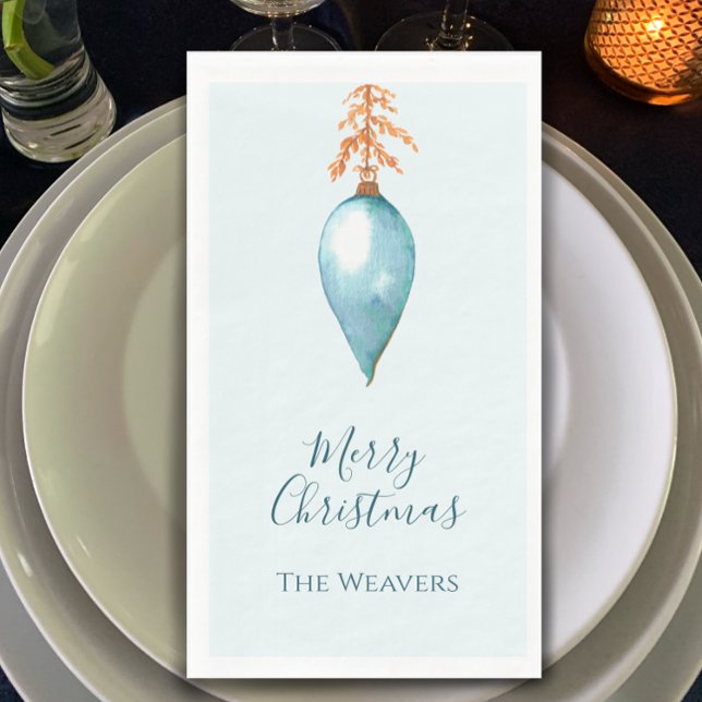 Servilleta De Papel Navidades Botánicos de Agua Azul Sencilla (Blue Merry Christmas dinner napkin. Personalized modern simple hand painted watercolor bauble.

)