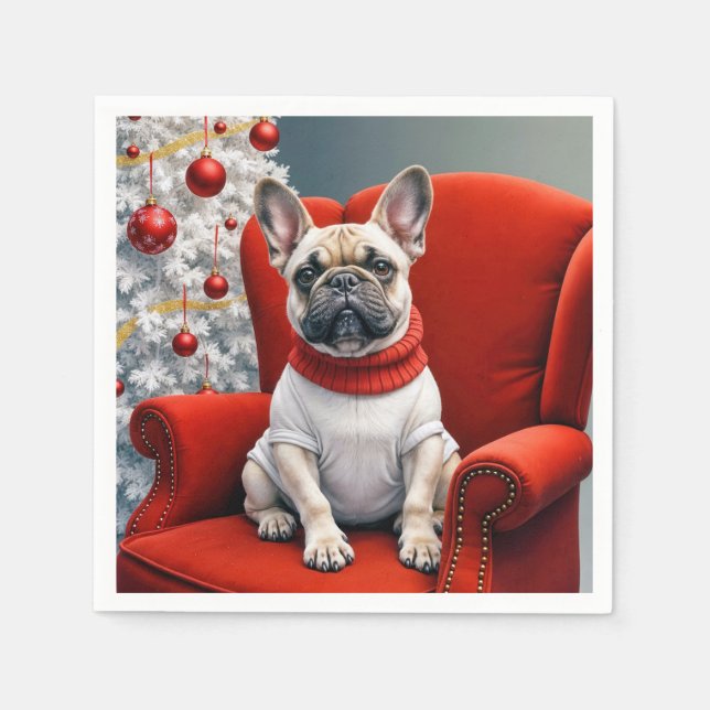 Servilleta De Papel Navidades Bulldog francés sobre un presidente rojo (Anverso)