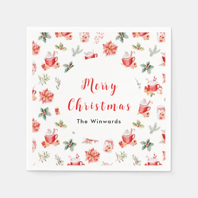 Servilleta De Papel Navidades Cacao caliente y Poinsettias Rojas (Anverso)