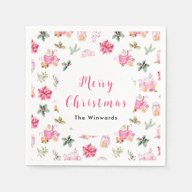Servilleta De Papel Navidades Cacao caliente y Poinsettias rosadas (Anverso)