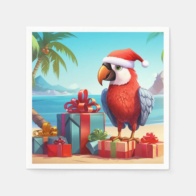 Servilleta De Papel Navidades Cute Santa Parrot Tropical Beach (Anverso)