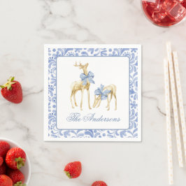 Servilleta De Papel Navidades de acuarela Blue Chinoiserie Bow Reindee