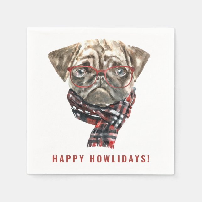 Servilleta De Papel Navidades de acuarela festiva Pug Happy Howlidays (Anverso)