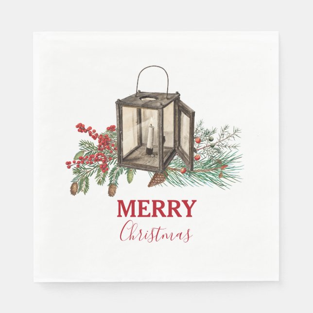Servilleta De Papel Navidades de acuarela rusas Lantern Pine Berries (Anverso)