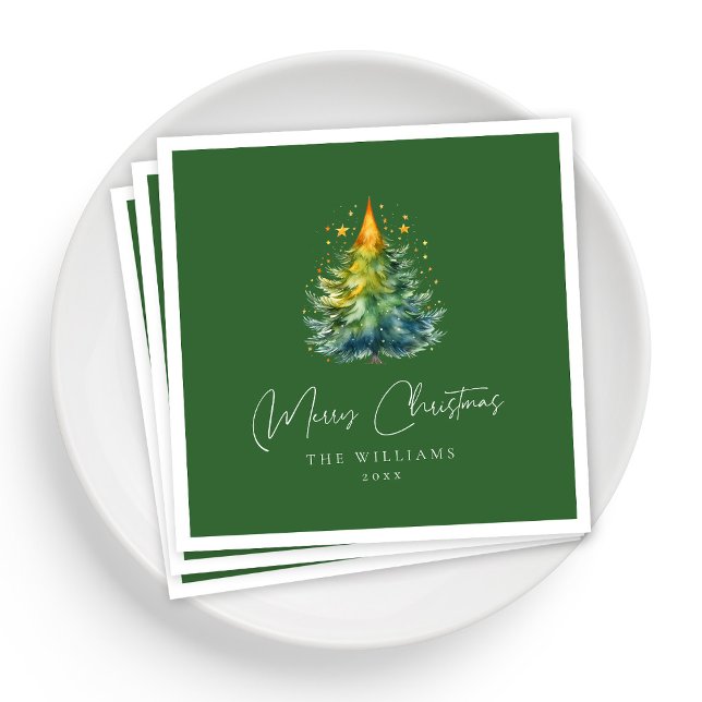 Servilleta De Papel Navidades de guiones verdes festivos (Personalized Festive Green Script Christmas Napkins)
