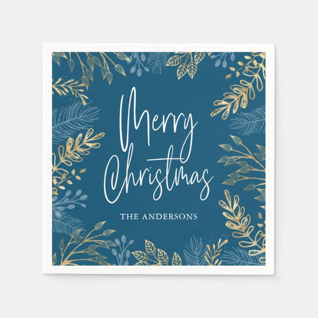 Servilleta De Papel Navidades de Holiday Gold Greenery Dark Blue (Anverso)