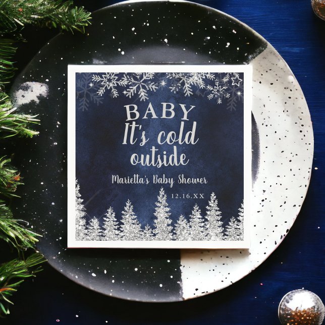 Servilleta De Papel Navidades de invierno nieve plata pino de la marin (Winter Christmas silver snow pine navy baby shower Napkins)