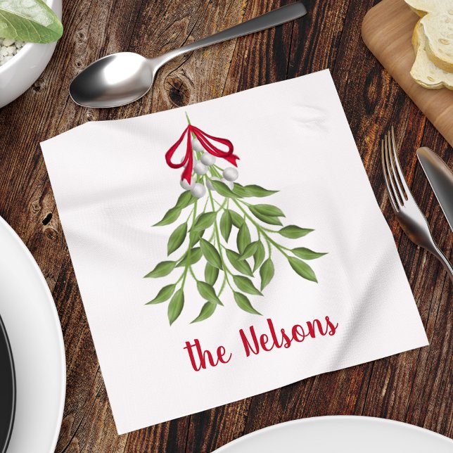 Servilleta De Papel Navidades de la vegetación botánica Holiday Red Be (Christmas merry mistletoe watercolor simple customized calligraphy napkin. )