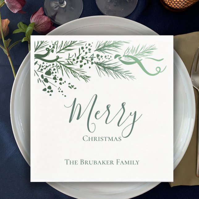 Servilleta De Papel Navidades de pino dibujados a mano elegantes y per (Add your name to personalize these hand drawn pine gradient botanical Christmas dinner napkins.
)