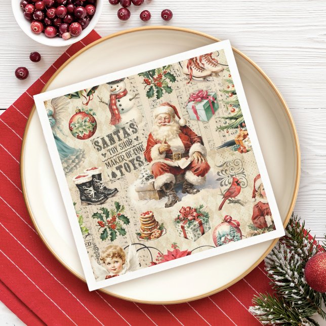Servilleta De Papel Navidades de Santa Claus (A festive vintage Santa party napkin for your Christmas holiday dinner celebration)