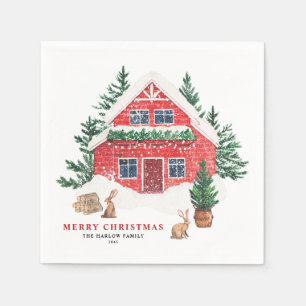 Servilleta De Papel Navidades de Watercolor Red Cottage y Conejos