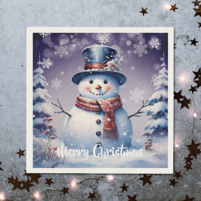 Servilleta De Papel Navidades de Winter Forest Snowman | Morado (Purple Winter Forest Snowman Christmas Napkins)