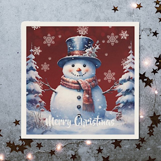 Servilleta De Papel Navidades de Winter Forest Snowman | Roja (Red Winter Forest Snowman Christmas Napkins)
