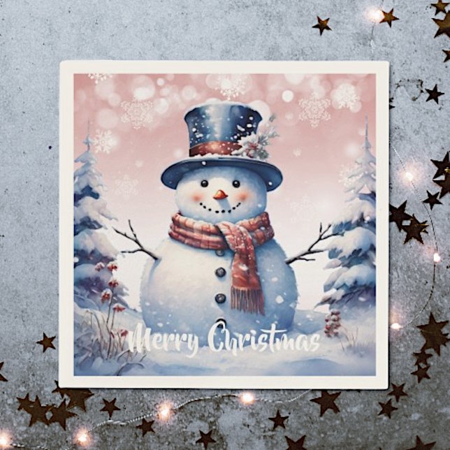 Servilleta De Papel Navidades de Winter Forest Snowman | Rosa (Pink Winter Forest Snowman Christmas Napkins)