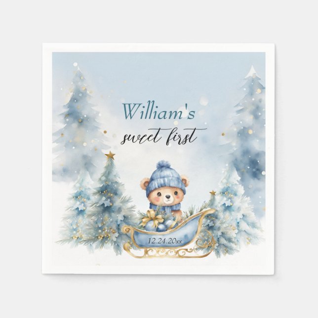 Servilleta De Papel Navidades del oso primer invierno de cumpleaños (Anverso)