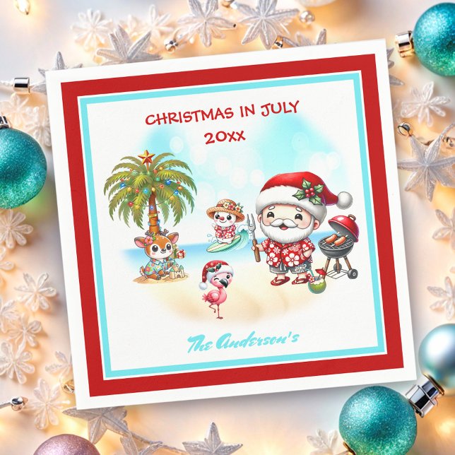 Servilleta De Papel Navidades En Julio Verano Cute Santa Tropical (Christmas In July Cute Santa Tropical Summer Napkins)