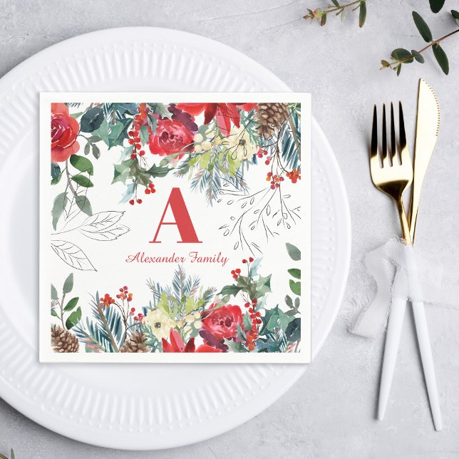 Servilleta De Papel Navidades familia floral elegante rojo monogramado (Subido por el creador)