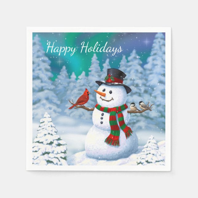 Servilleta De Papel Navidades felices Snowman y Birds Winter Scene (Anverso)