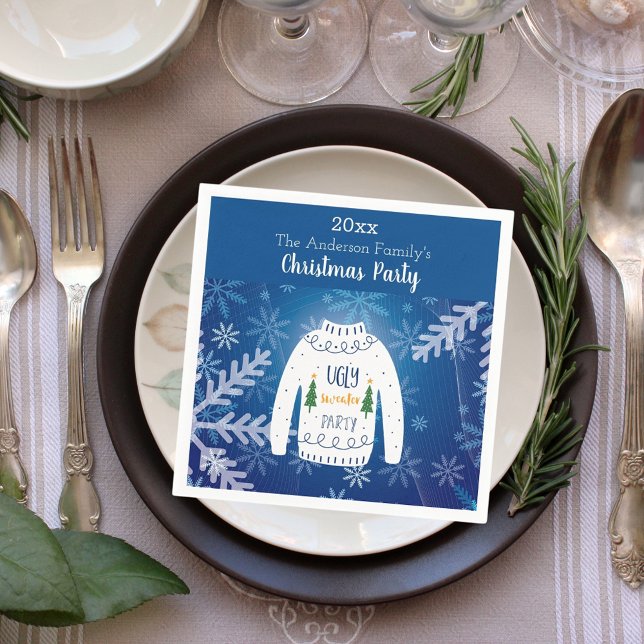 Servilleta De Papel Navidades fiesta suéter fea copos de nieve azules  (Subido por el creador)