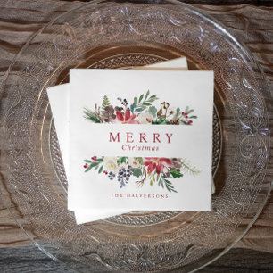 Servilleta De Papel Navidades Fiesta Watercolor Greenery Poinsettia