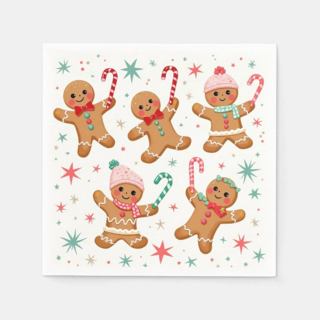 Servilleta De Papel Navidades Gingerbread Hombres Sostienen Candy Cane (Anverso)