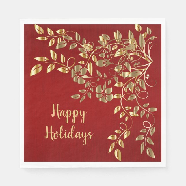Servilleta De Papel Navidades Golden Leaves Vacaciones Rojas (Anverso)