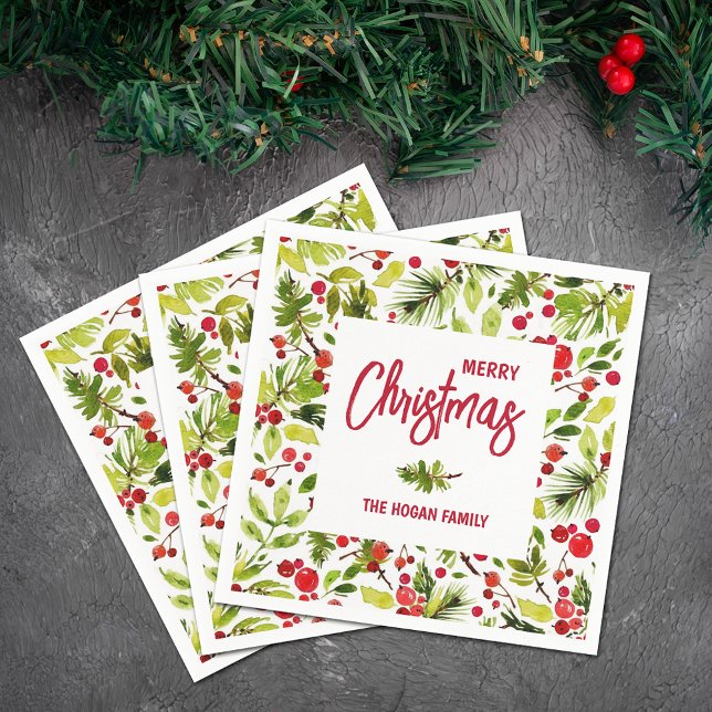 Servilleta De Papel Navidades Greenery Berries Holiday (Personalized Merry Christmas napkins with greenery and berries)