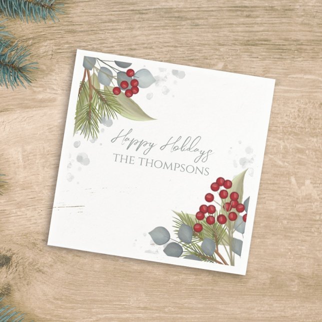 Servilleta De Papel Navidades Holiday Holly Berries Greenery Silver (Subido por el creador)