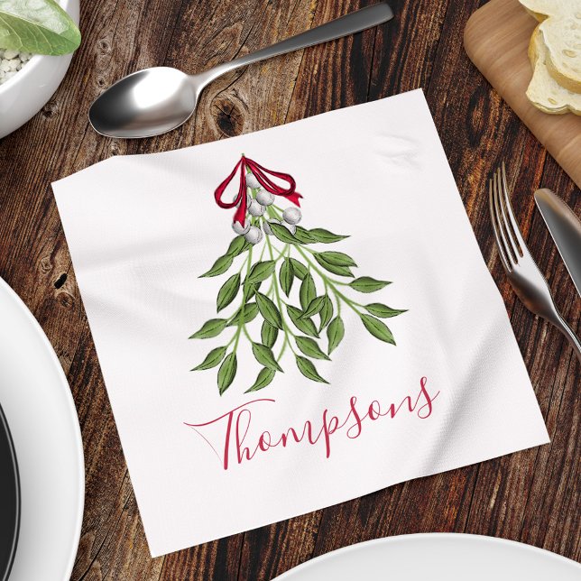 Servilleta De Papel Navidades Holiday Merry Mistletoe Whimsical Cute (Christmas merry mistletoe watercolor simple customized calligraphy napkin. )