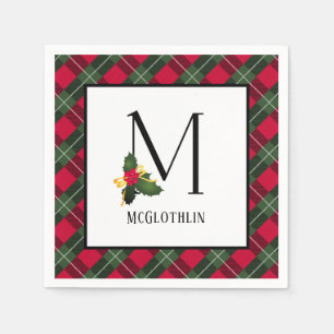 Servilleta De Papel Navidades Holly Plaid Monograma M Personalizado