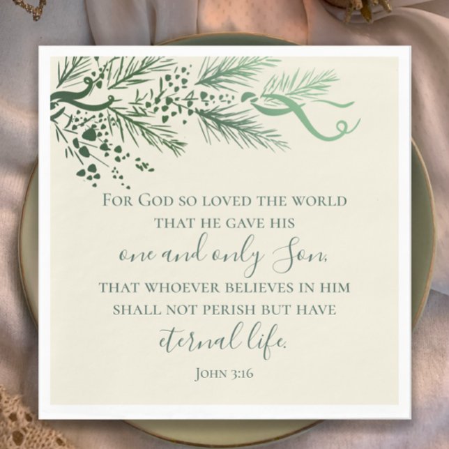 Servilleta De Papel Navidades John 3:16 Personalizados de la vegetació (Modern elegant hand drawn pine Christmas dinner napkin with custom John 3:16 Bible verse in Sage.

)