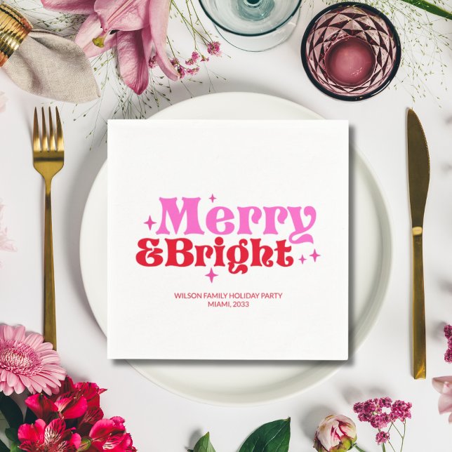 Servilleta De Papel Navidades merry y Personalizados rojos brillantes (Merry & Bright Pink & Red Custom Christmas Napkins)