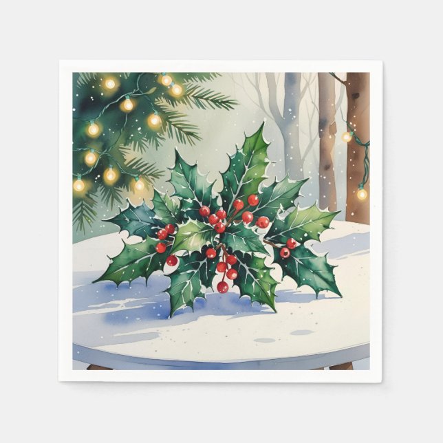 Servilleta De Papel Navidades Mistletoe Holiday Watercolor (Anverso)