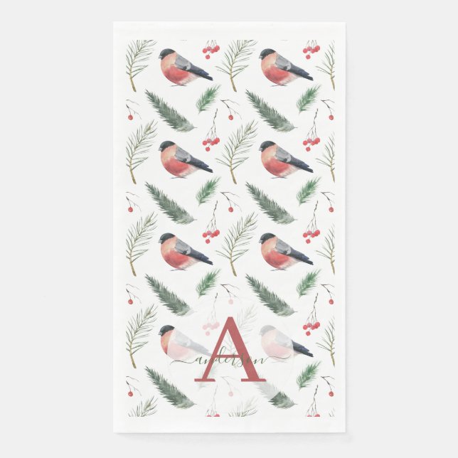 Servilleta De Papel Navidades Monograma de acuarela Bullfinch Pine Fir (Anverso)