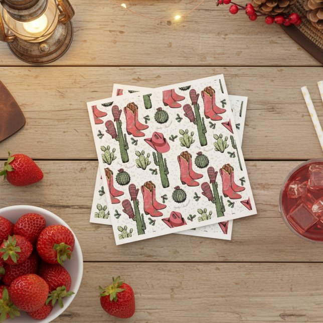 Servilleta De Papel Navidades occidentales Cowgirl Boots Navidades How (Western Howdy Christmas White Paper Napkins. Pink & Red Xmas Cowgirl Boots, Succulents, Cacti)