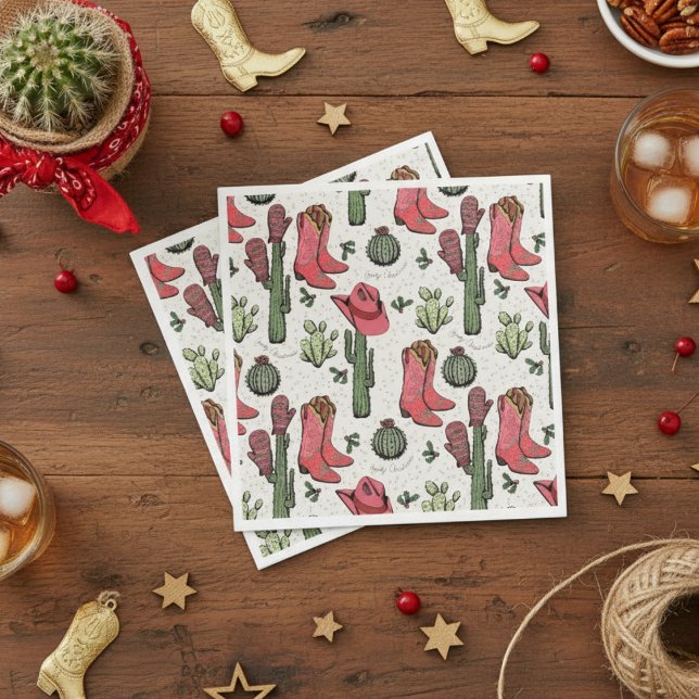 Servilleta De Papel Navidades occidentales Cowgirl Boots Navidades How (Western Howdy Christmas Ivory Paper Napkins. Pink & Red Xmas Cowgirl Boots, Succulents, Cacti)