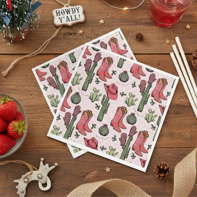 Servilleta De Papel Navidades occidentales Cowgirl Boots Navidades How (Western Howdy Christmas Pink Paper Napkins. Pink & Red Xmas Cowgirl Boots, Succulents, Cacti)