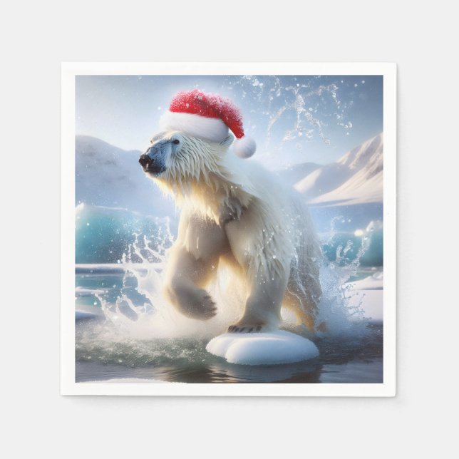 Servilleta De Papel Navidades Oso Polar Con Santa Cap (Anverso)