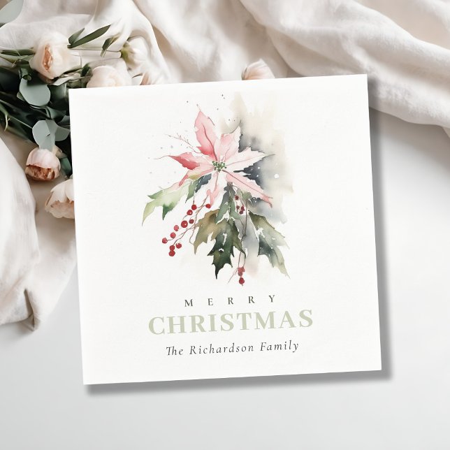 Servilleta De Papel Navidades Poinsettia Berries Foliage Watercolor (Subido por el creador)