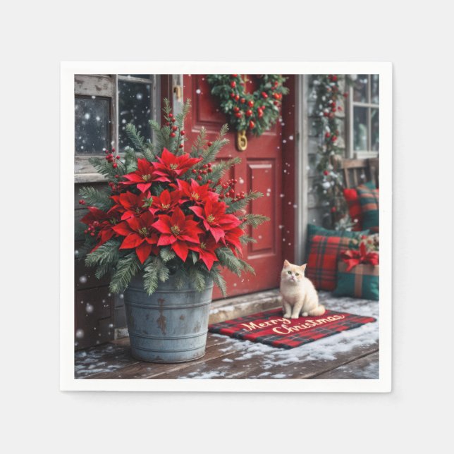 Servilleta De Papel Navidades Poinsettias y Gato Blanco en Doormat (Anverso)