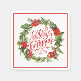 Servilleta De Papel Navidades Red Green Wreath Holly Ivy Typography