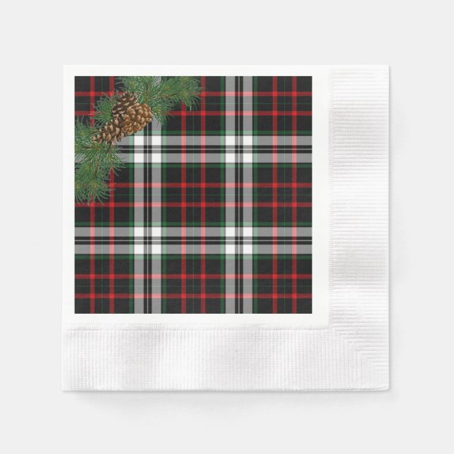 Servilleta De Papel Navidades Red Tartan Plaid Pine Cones (Anverso)