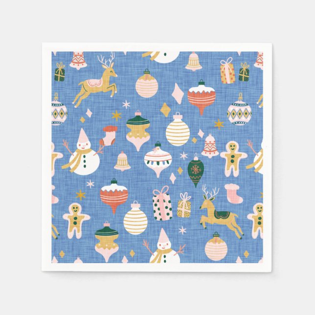 Servilleta De Papel Navidades retro adorables adornos azules (Anverso)