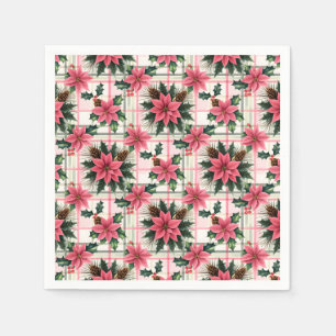 Servilleta De Papel Navidades Retro Rosado Plaid Floral Feliz Navidad