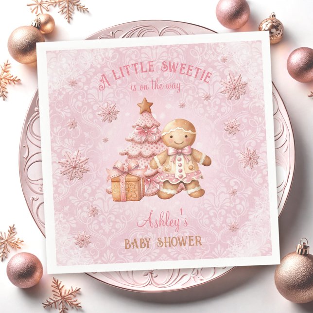 Servilleta De Papel Navidades rosados Chica hombre pan de jengibre Bab (Gingerbread Man Girl Pink Christmas Baby Shower Napkins)
