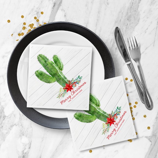 Servilleta De Papel Navidades Rústicos Cactus Wood Holiday Floral (Rustic Christmas Cactus Wood Holiday Floral Napkins)