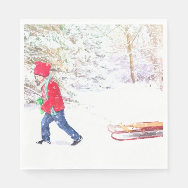 Servilleta De Papel Navidades varón sled invierno nevado acuarela (Anverso)